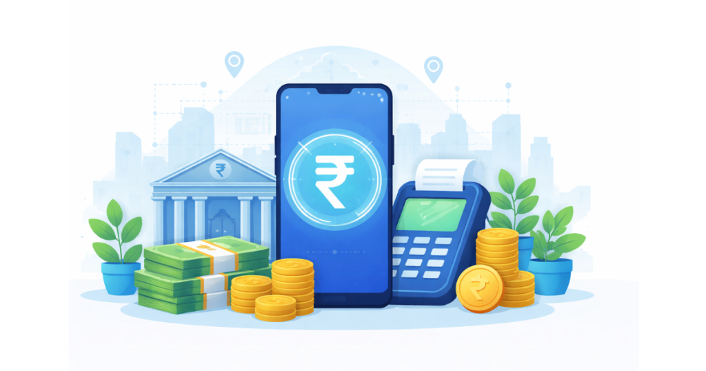 Illustration showing a smartphone displaying digital rupee symbol with Indian currency and banking elements in the background