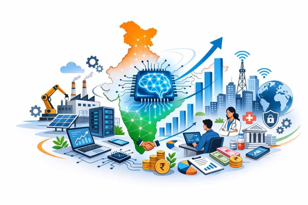 Minimal editorial illustration showing a glowing AI chip at the center with faint outlines of India’s map behind it, symbolizing the growth of the AI economy in India.