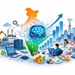 Minimal editorial illustration showing a glowing AI chip at the center with faint outlines of India’s map behind it, symbolizing the growth of the AI economy in India.