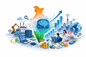 Minimal editorial illustration showing a glowing AI chip at the center with faint outlines of India’s map behind it, symbolizing the growth of the AI economy in India.