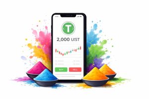 A smartphone displaying a crypto trading app with a USDT balance on screen, surrounded by colorful Holi powder elements on a clean white background.