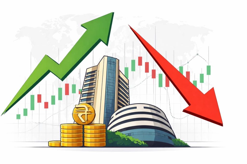 Indian stock market concept image showing an upward and downward arrow over a digital trading screen with charts, symbolising Sensex and Nifty volatility driven by IT stocks and global market signals.