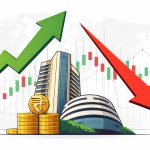 Indian stock market concept image showing an upward and downward arrow over a digital trading screen with charts, symbolising Sensex and Nifty volatility driven by IT stocks and global market signals.