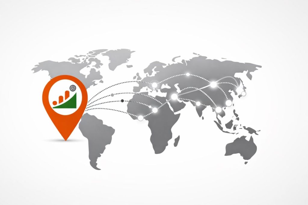 Business-themed editorial illustration showing an Indian brand symbol expanding across a world map through digital data signals, representing global growth and international market expansion.