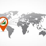 Business-themed editorial illustration showing an Indian brand symbol expanding across a world map through digital data signals, representing global growth and international market expansion.