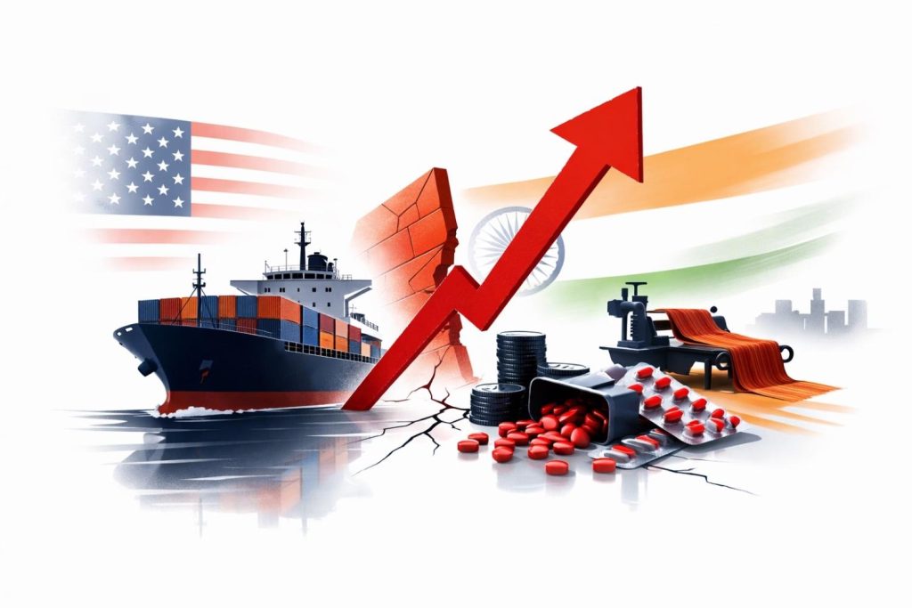Editorial illustration showing a cargo ship loaded with containers facing a bold red upward arrow symbolising a 10% tariff increase, with subtle India and US flag colors in the background, on a clean white backdrop.