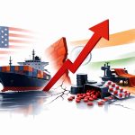 Editorial illustration showing a cargo ship loaded with containers facing a bold red upward arrow symbolising a 10% tariff increase, with subtle India and US flag colors in the background, on a clean white backdrop.