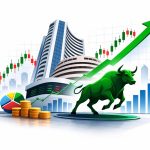 Indian stock market display board showing Sensex and Nifty indices rising sharply with green upward arrows, indicating strong gains in trading session on February 25, 2026.