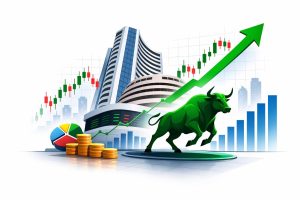 Indian stock market display board showing Sensex and Nifty indices rising sharply with green upward arrows, indicating strong gains in trading session on February 25, 2026.