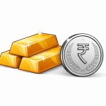Minimal editorial illustration of stacked gold bars and a single silver coin on a clean white background, symbolising gold and silver price movement in India.