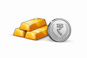 Minimal editorial illustration of stacked gold bars and a single silver coin on a clean white background, symbolising gold and silver price movement in India.