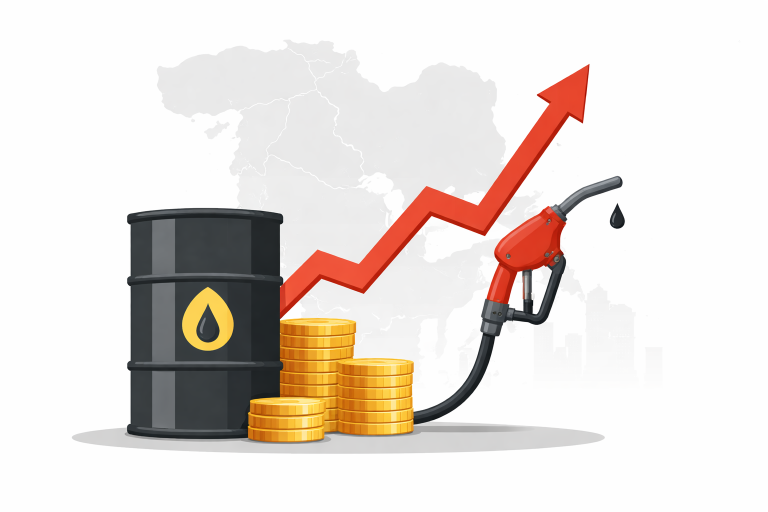Minimal editorial illustration showing a falling stock market chart with an oil barrel symbol and a world map in the background, representing the impact of rising oil prices and global tensions on Indian markets.