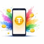 A minimal editorial illustration of a smartphone displaying a digital coin symbol with festive color splashes around it, representing a cryptocurrency rewards campaign during Holi.
