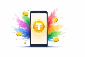 A minimal editorial illustration of a smartphone displaying a digital coin symbol with festive color splashes around it, representing a cryptocurrency rewards campaign during Holi.