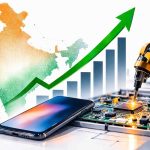Editorial illustration representing the surge in Dixon Technologies share price and the growth of India’s electronics manufacturing sector, with symbolic stock chart rise and electronics production elements.