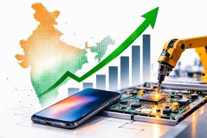 Editorial illustration representing the surge in Dixon Technologies share price and the growth of India’s electronics manufacturing sector, with symbolic stock chart rise and electronics production elements.