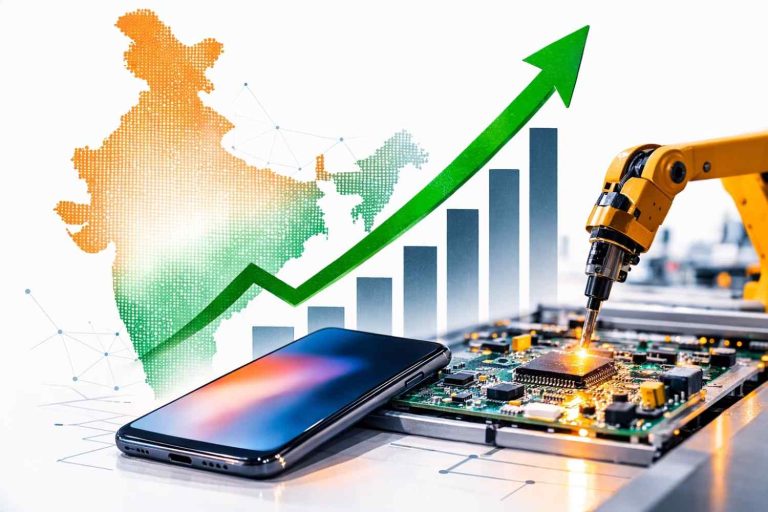 Editorial illustration representing the surge in Dixon Technologies share price and the growth of India’s electronics manufacturing sector, with symbolic stock chart rise and electronics production elements.