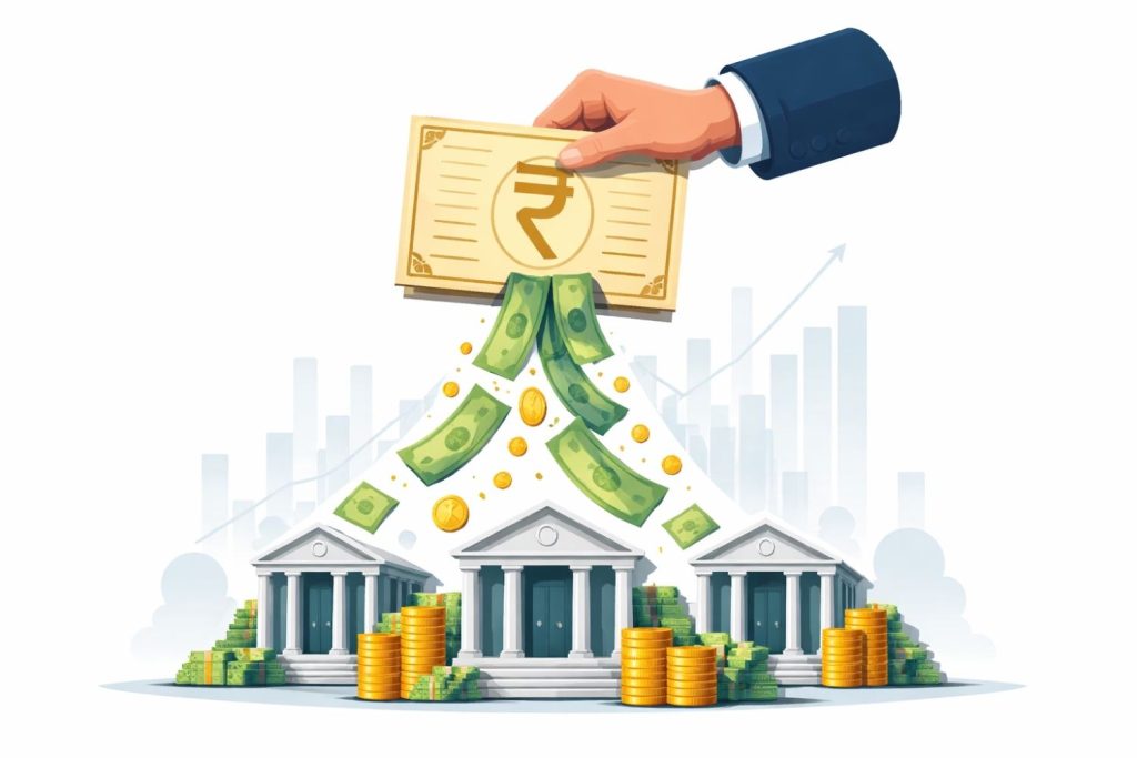 Illustration of the Reserve Bank of India injecting liquidity into the banking system through bond purchases, symbolising ₹50,000 crore OMO operation affecting banks and financial markets.