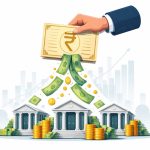 Illustration of the Reserve Bank of India injecting liquidity into the banking system through bond purchases, symbolising ₹50,000 crore OMO operation affecting banks and financial markets.