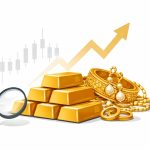 Gold bars and jewellery displayed with price tags representing latest gold prices in India for 22K and 24K across major cities.
