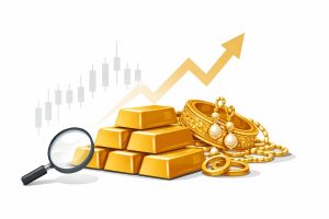 Gold bars and jewellery displayed with price tags representing latest gold prices in India for 22K and 24K across major cities.