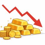 Gold jewellery and gold bars displayed in a jewellery shop in India as gold prices fall for the fifth straight day.