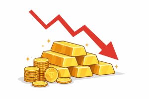Gold jewellery and gold bars displayed in a jewellery shop in India as gold prices fall for the fifth straight day.