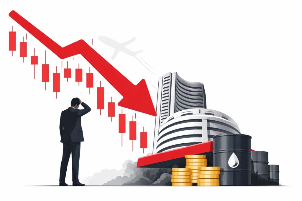 Stock market crash concept showing falling financial chart with red downward arrow representing Sensex and Nifty decline amid rising oil prices.