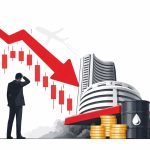 Stock market crash concept showing falling financial chart with red downward arrow representing Sensex and Nifty decline amid rising oil prices.