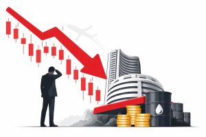 Stock market crash concept showing falling financial chart with red downward arrow representing Sensex and Nifty decline amid rising oil prices.