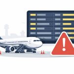 Digital airport departure board showing multiple international flights marked delayed and rescheduled on March 3.