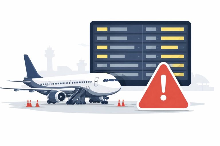 Digital airport departure board showing multiple international flights marked delayed and rescheduled on March 3.